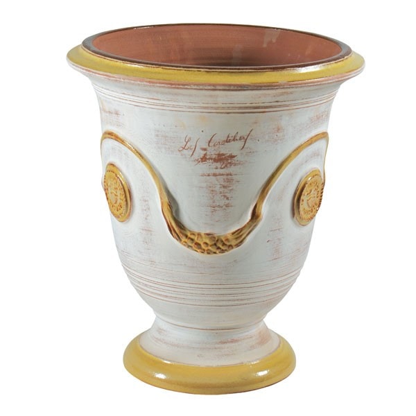 Klassische Anduze-Vase mit patinierter Oberfläche, gelbes Ornament