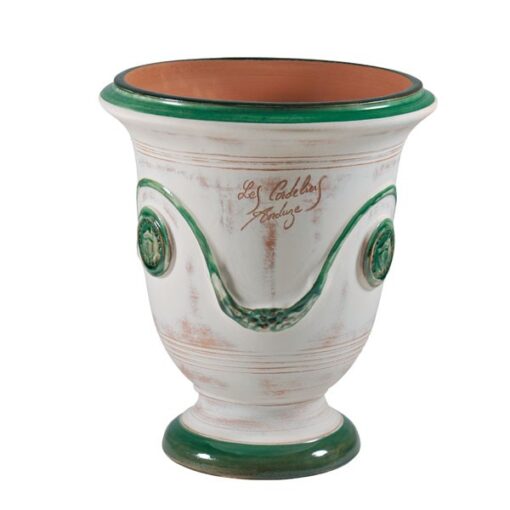 Klassische Anduze-Vase mit patinierter Oberfläche, grünes Ornament